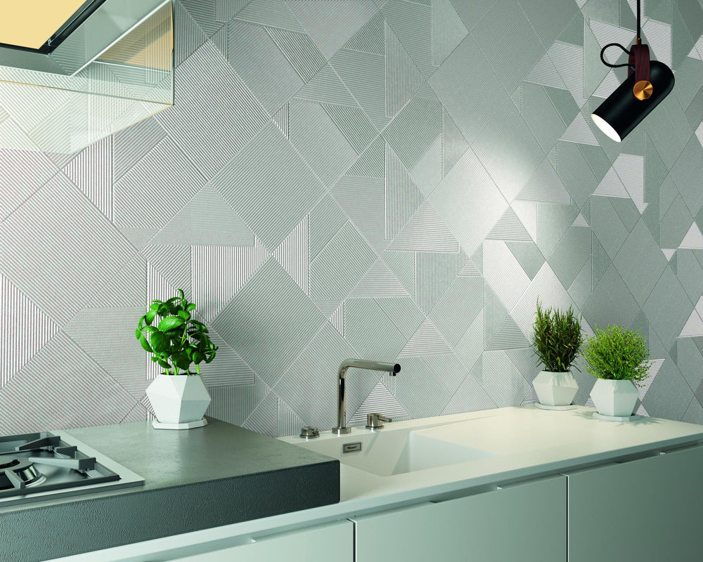 Lifestyle view of Stripes Glacier 10x10 matte ceramic tile in a contemporary room, reflecting its cool, subtle elegance.