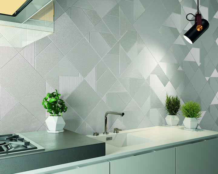 Lifestyle view of Stripes Glacier 10x10 matte ceramic tile in a contemporary room, reflecting its cool, subtle elegance.