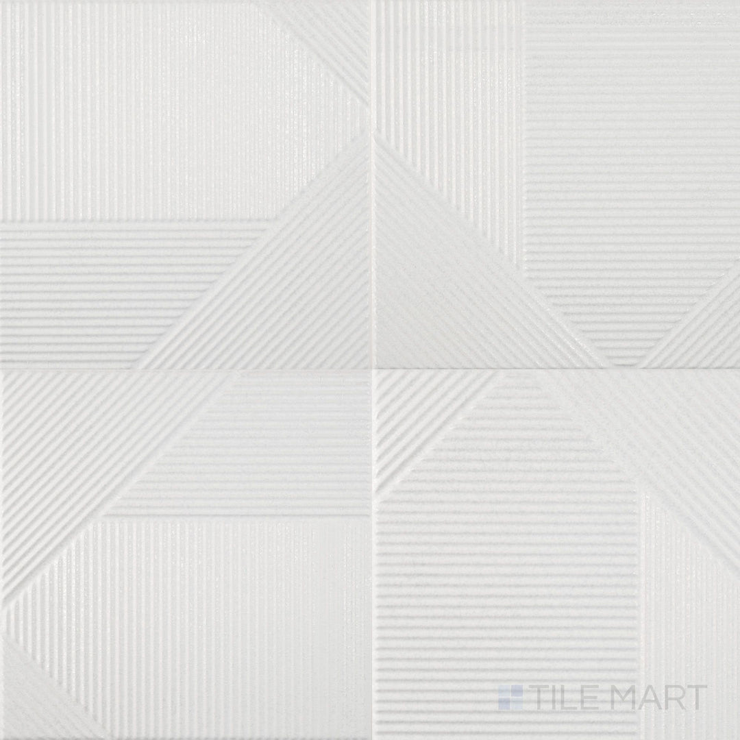 This 10x10 ceramic tile features a cool glacier white with fine linear detailing and a matte surface.
