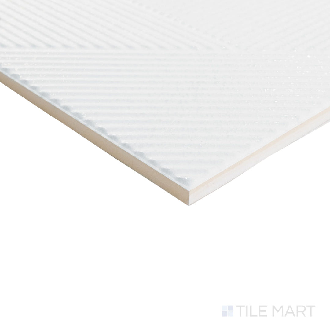 Corner perspective of Stripes Glacier 10x10 tile featuring a cool white matte finish and gently defined edge lines.