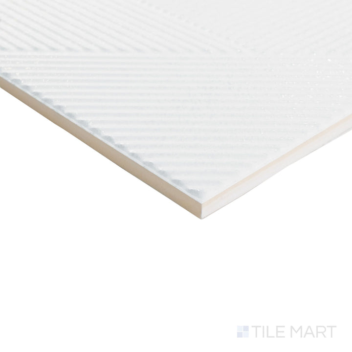 Corner perspective of Stripes Glacier 10x10 tile featuring a cool white matte finish and gently defined edge lines.