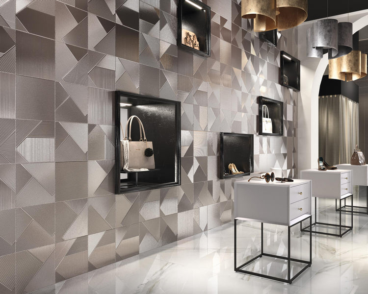 Interior image with Stripes Mercury 10x10 matte ceramic tile, showcasing its soft grey tone in a clean, livable space.