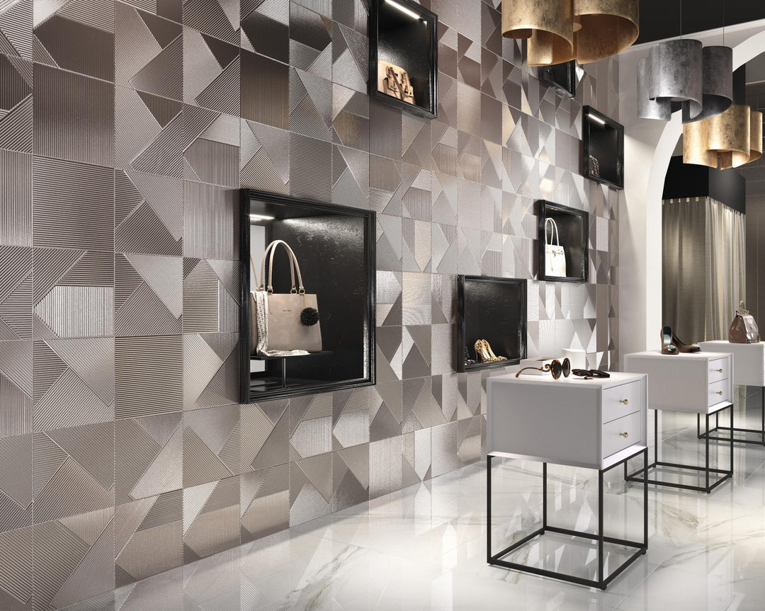 Interior image with Stripes Mercury 10x10 matte ceramic tile, showcasing its soft grey tone in a clean, livable space.