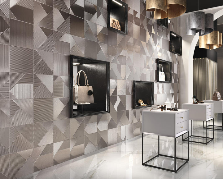 Interior image with Stripes Mercury 10x10 matte ceramic tile, showcasing its soft grey tone in a clean, livable space.