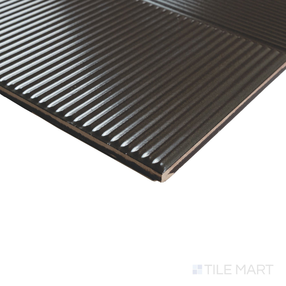 Close-up corner shot of Stripes Mercury 10x10 tile showing sleek gray tone with fine linear detail and sharp edge.