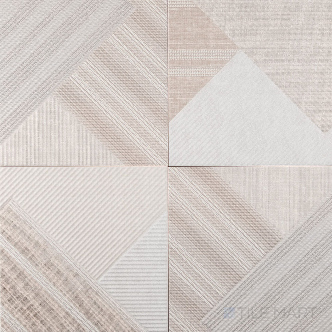 A soft neutral linen shade and horizontal texture bring a calm, woven effect to this 10x10 ceramic tile.