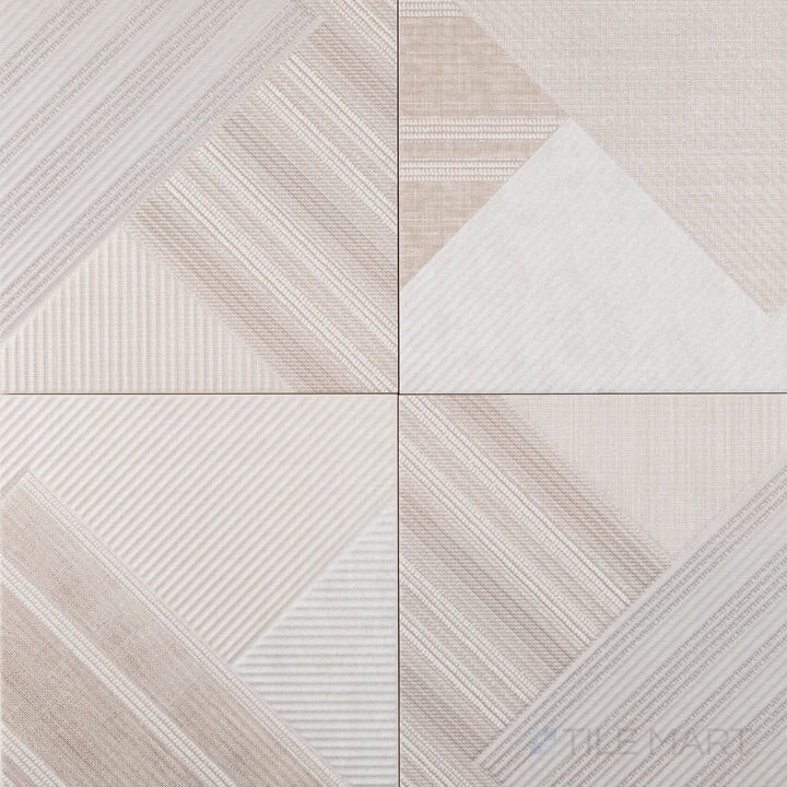 A soft neutral linen shade and horizontal texture bring a calm, woven effect to this 10x10 ceramic tile.