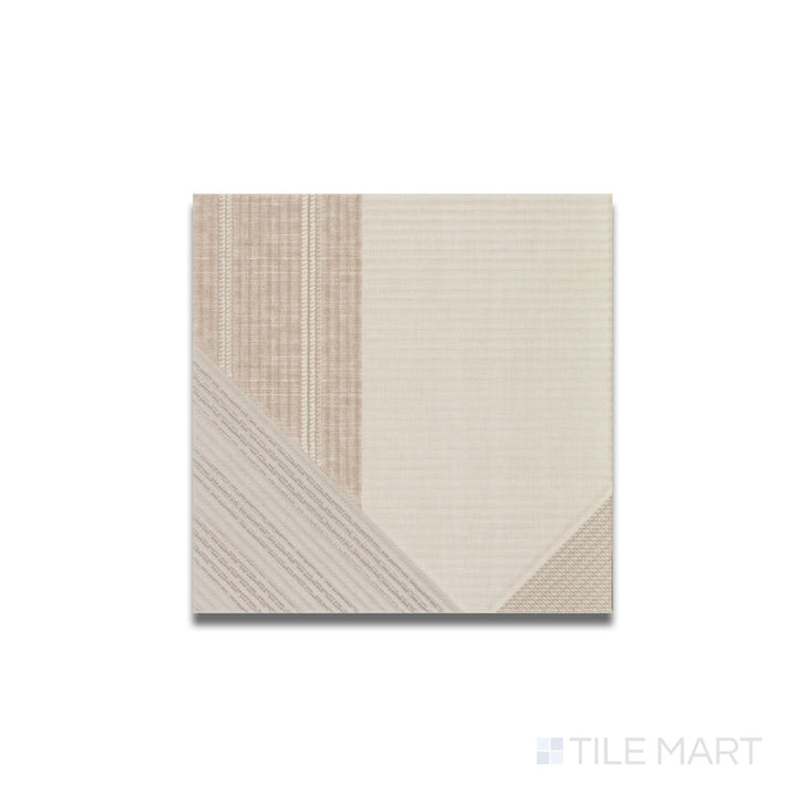 Flat view of Stripes Linen 10x10 tile showing soft neutral tones and fabric-like striations in a matte ceramic finish.