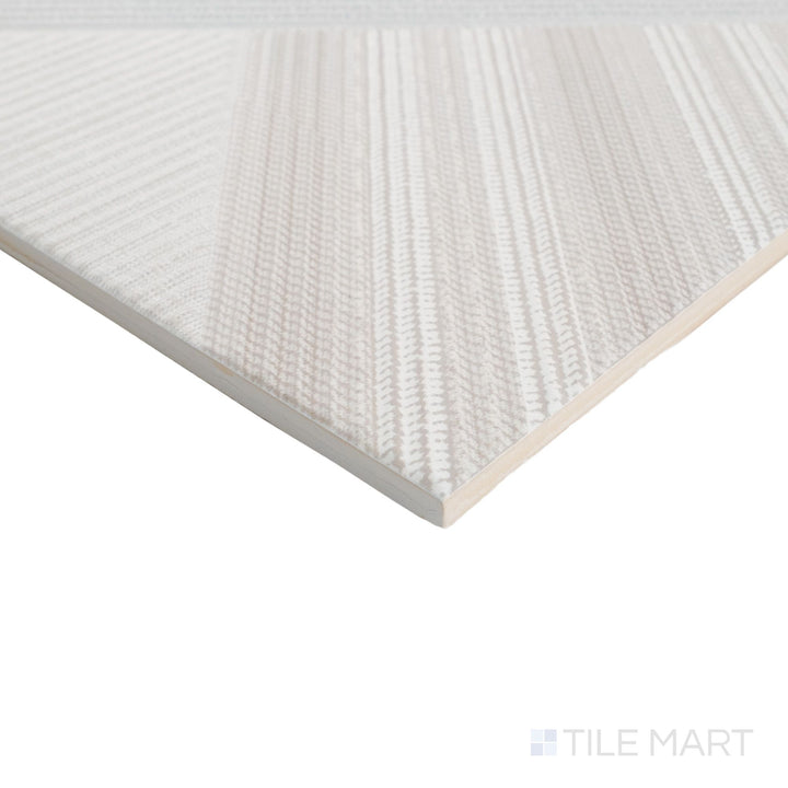 Corner view of Stripes Linen 10x10 tile highlighting a soft neutral hue with fabric-like pattern and refined matte edge.