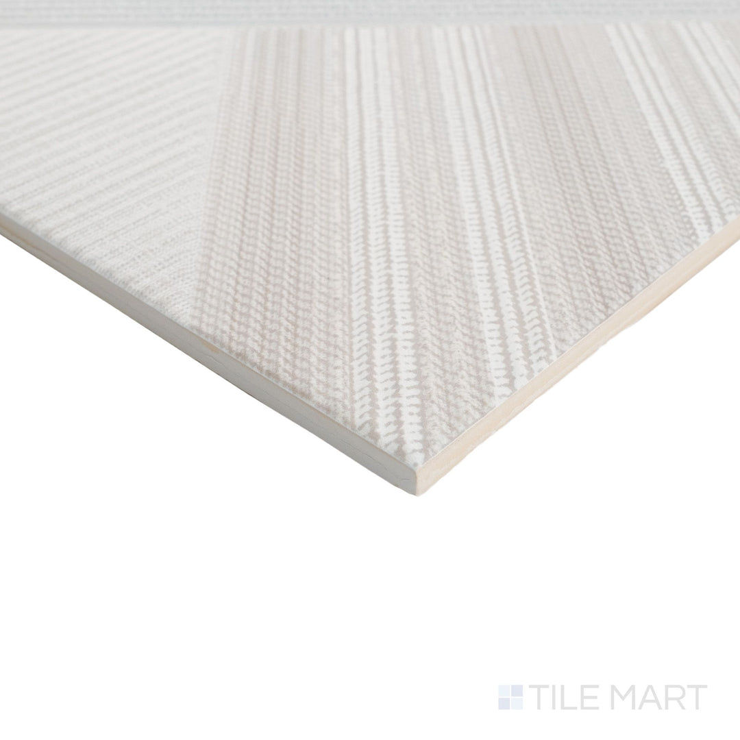 Corner view of Stripes Linen 10x10 tile highlighting a soft neutral hue with fabric-like pattern and refined matte edge.