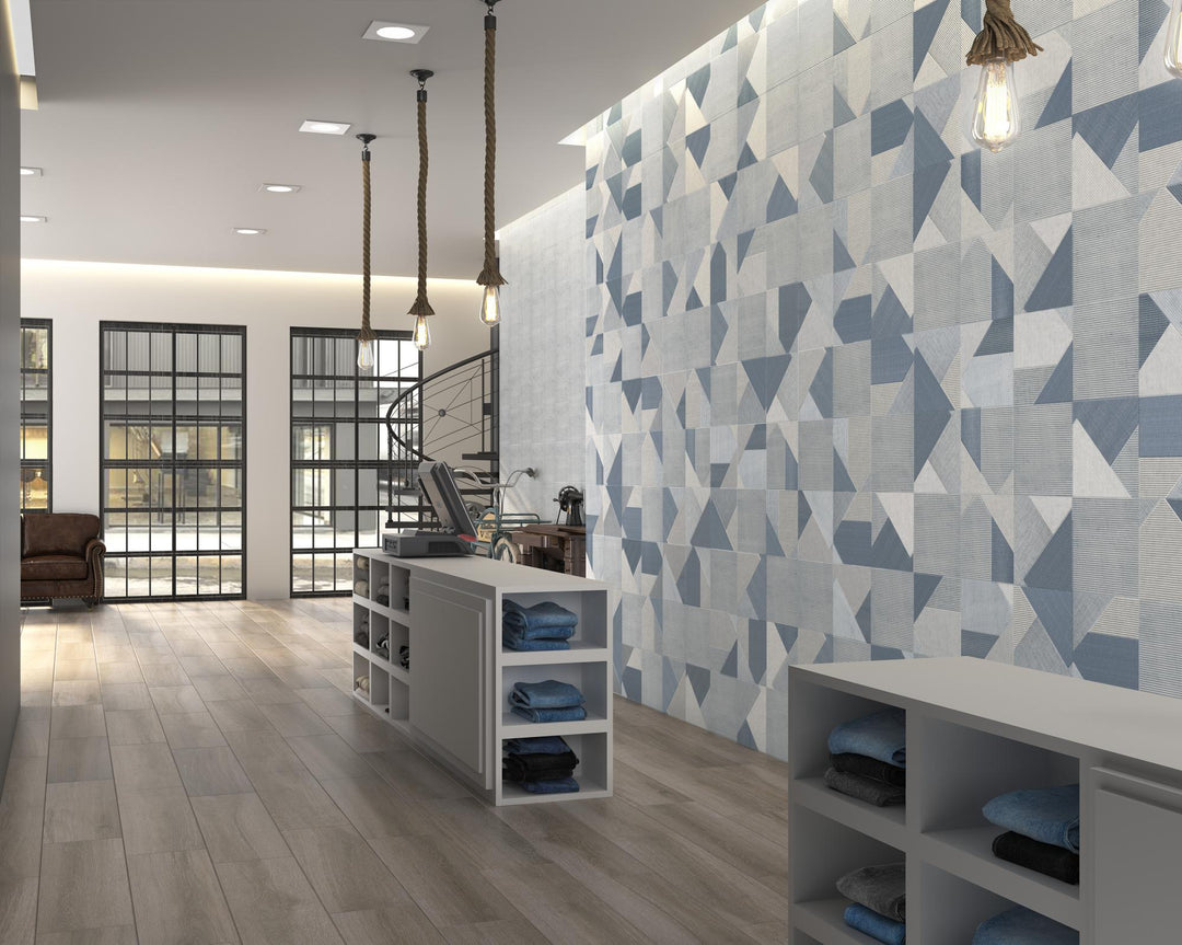 Roomscene showing Stripes Denim 10x10 matte ceramic tile in use, highlighting its rich blue hue in a stylish, lived-in setting.