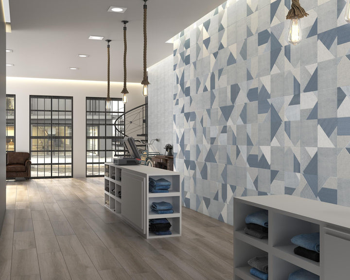 Roomscene showing Stripes Denim 10x10 matte ceramic tile in use, highlighting its rich blue hue in a stylish, lived-in setting.