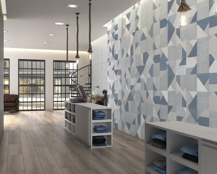 Roomscene showing Stripes Denim 10x10 matte ceramic tile in use, highlighting its rich blue hue in a stylish, lived-in setting.