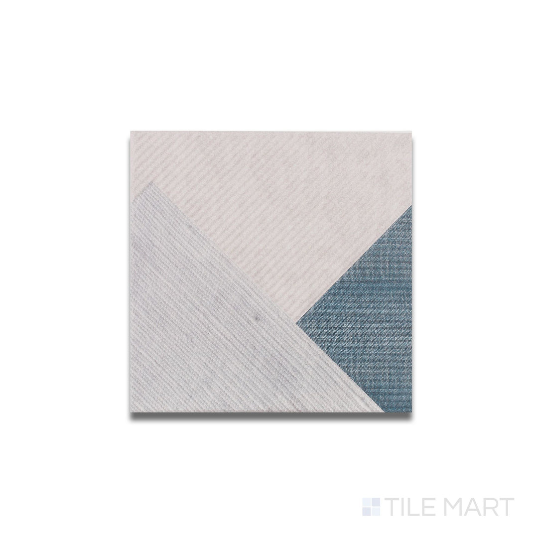 Aerial shot of Stripes Denim tile showcasing its muted blue tone and textured matte ceramic surface with fine line work.