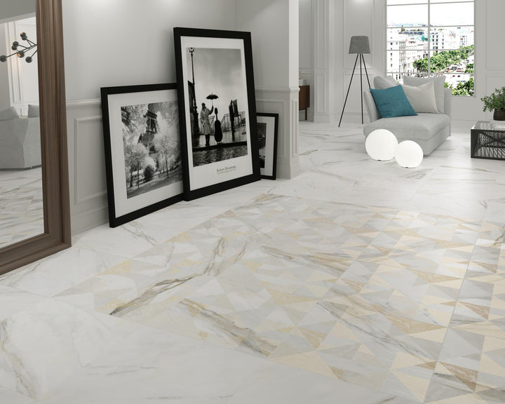 Roomscene showcasing Calacatta Lux Superwhite 24x24 satin porcelain, used in a modern setting with natural lighting.