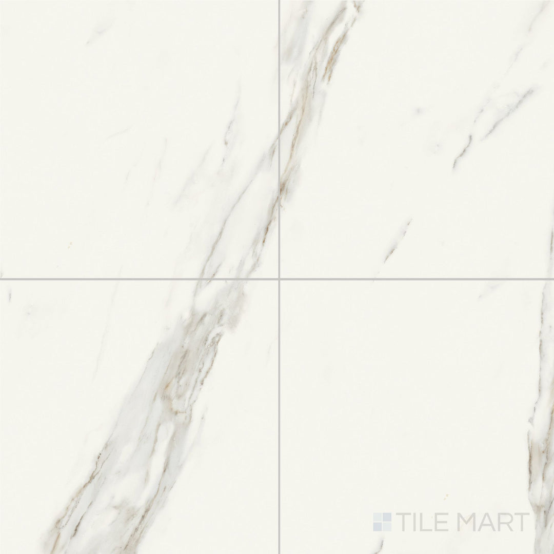 This 24x24 Calacatta Lux Superwhite porcelain tile features a satin finish and elegant marble-inspired veining.