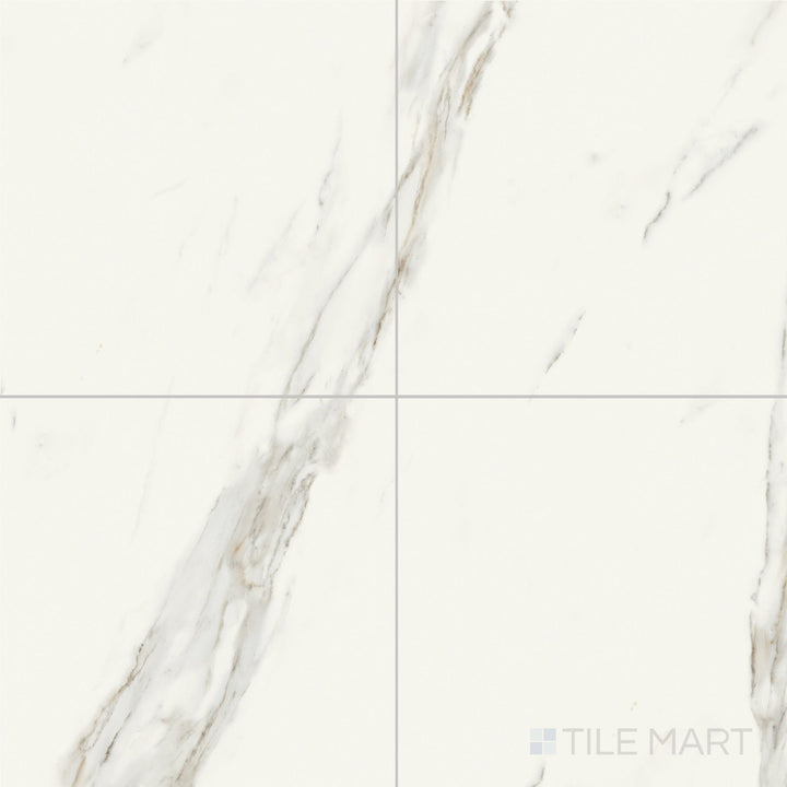 This 24x24 Calacatta Lux Superwhite porcelain tile features a satin finish and elegant marble-inspired veining.