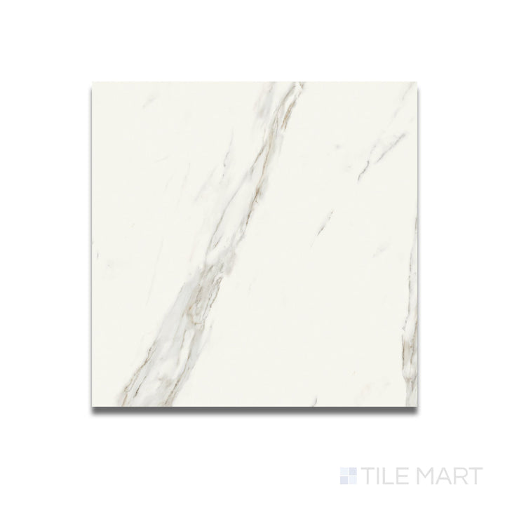 Top-down view of Calacatta Lux Superwhite 24x24 satin porcelain tile showcasing soft veining on a smooth, low-sheen white surface.