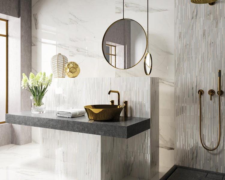 Calacatta Lux Superwhite 24x24 polished porcelain tile in a roomscene, reflecting light with its glossy surface and bold veining.