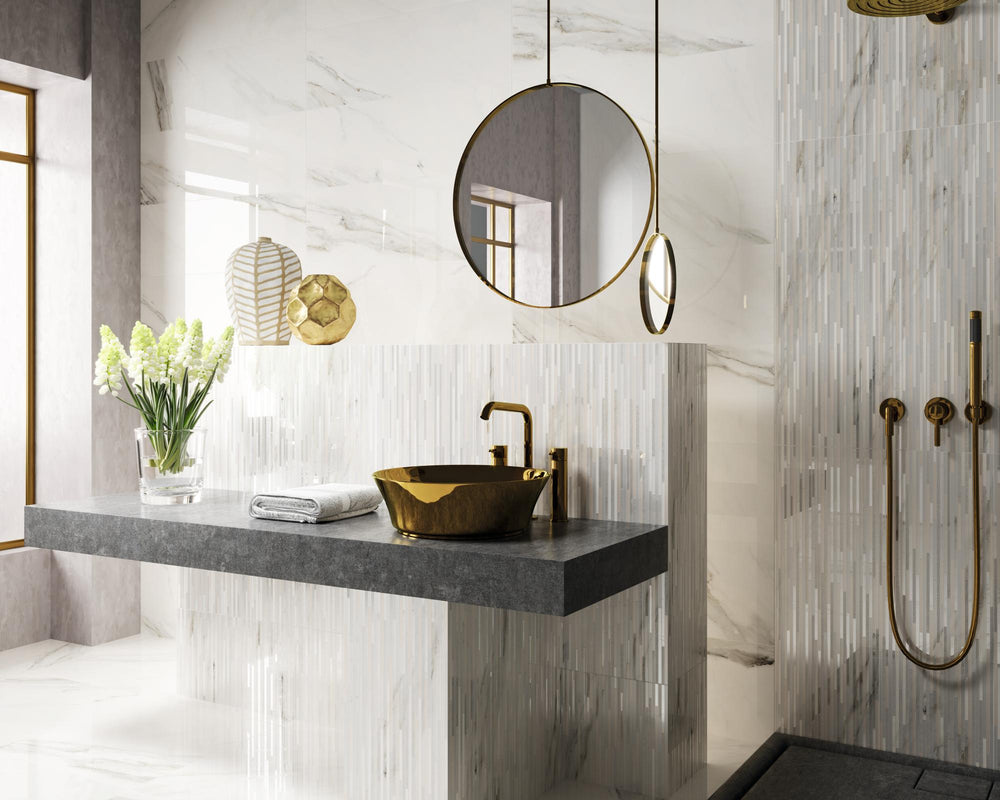 Calacatta Lux Superwhite 24x24 polished porcelain tile in a roomscene, reflecting light with its glossy surface and bold veining.