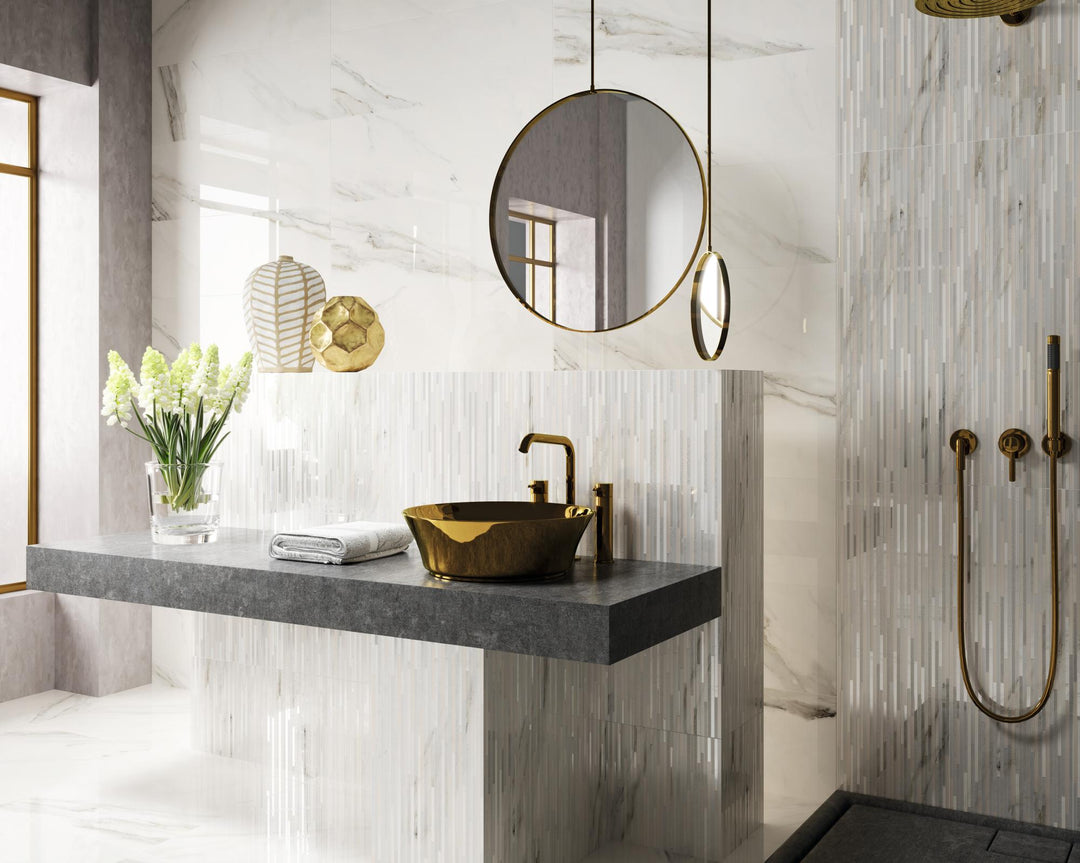 Calacatta Lux Superwhite 24x24 polished porcelain tile in a roomscene, reflecting light with its glossy surface and bold veining.