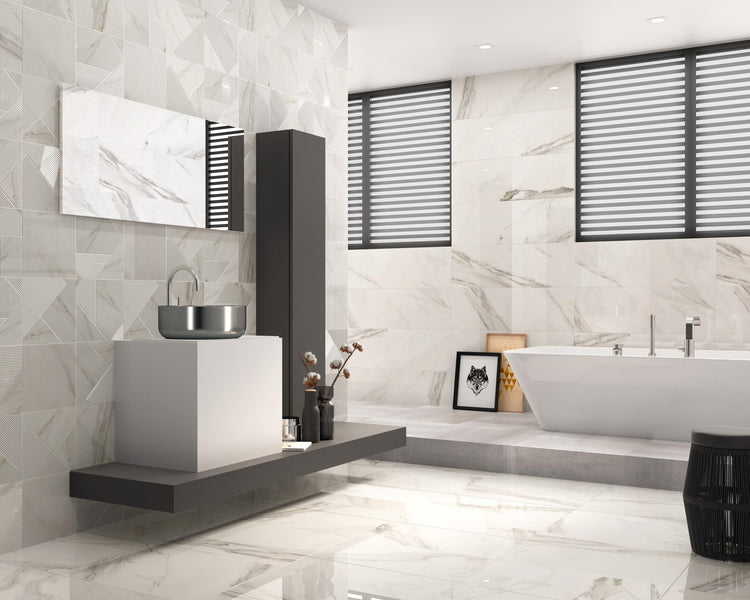 Lifestyle view of Calacatta Lux Superwhite polished tile used in a stylish setting, emphasizing its marble-inspired elegance.