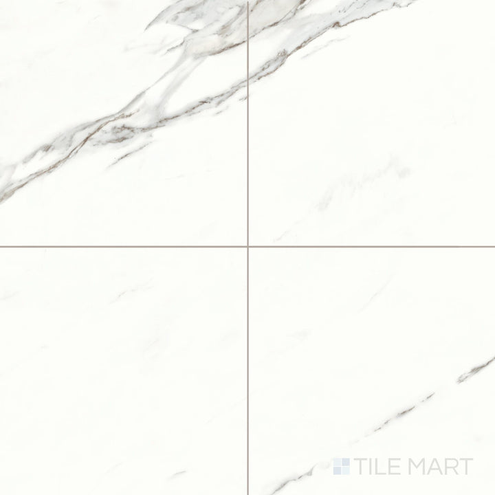 A high-polish surface and crisp white background define this 24x24 Calacatta Lux Superwhite tile with bold veining.