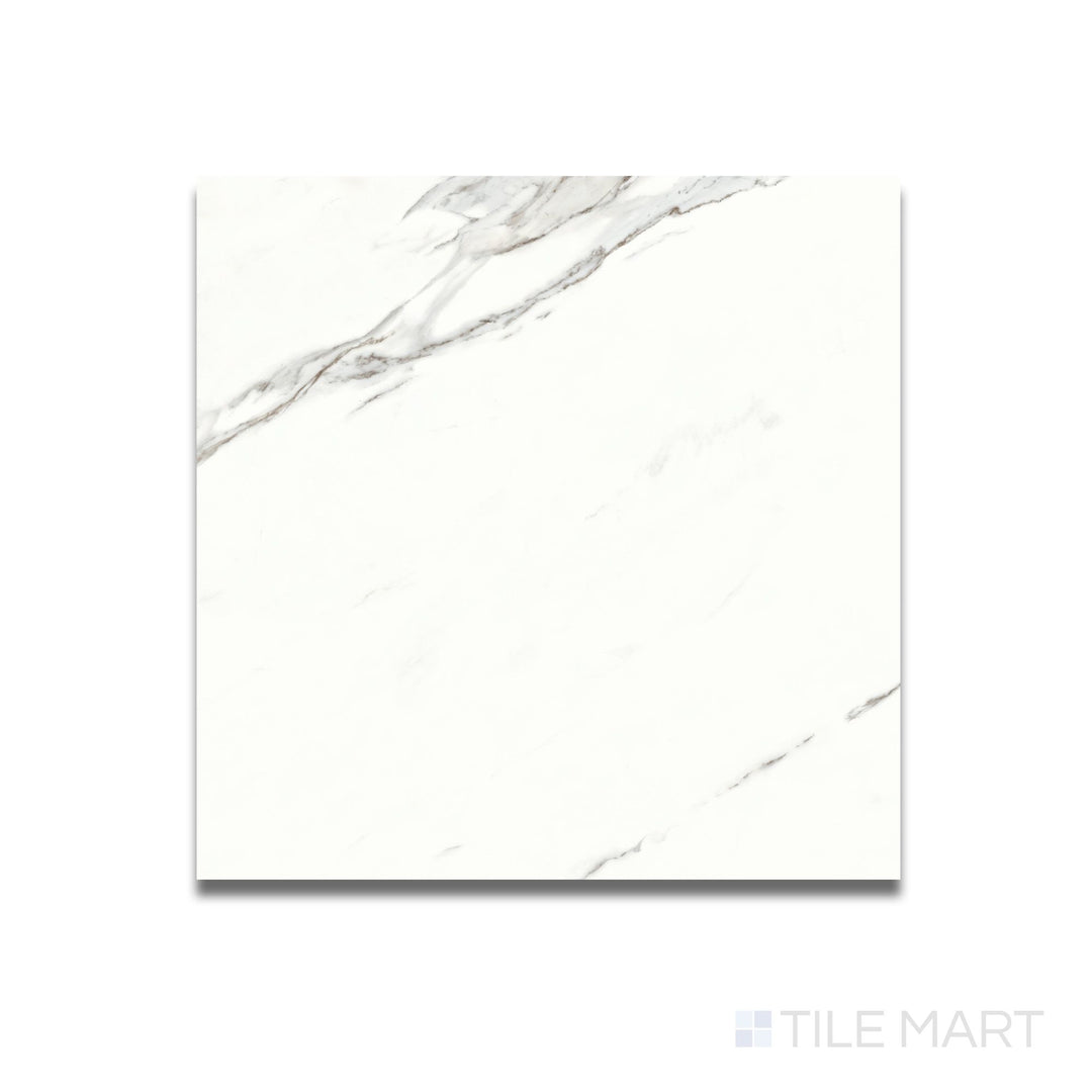 Flat lay of Calacatta Lux Superwhite 24x24 polished porcelain tile with crisp marble veining and a high-gloss finish.