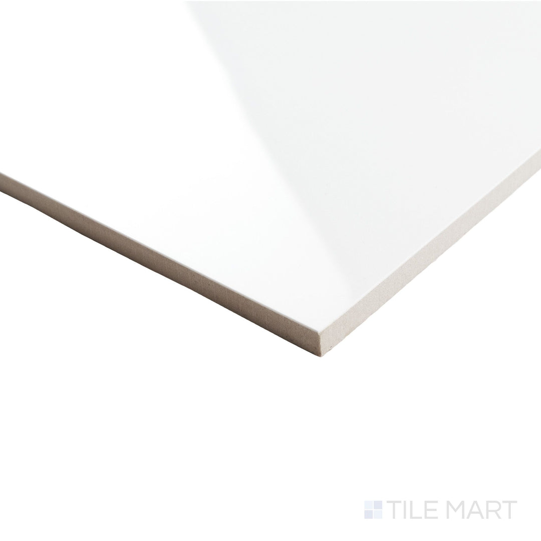 Angled corner view of Calacatta Lux Superwhite 24x24 polished tile highlighting reflective surface and clean-cut edges.