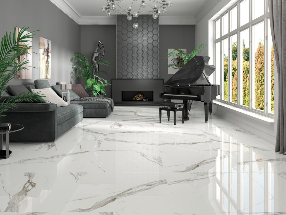 Roomscene featuring Calacatta Lux Superwhite 35x35 polished porcelain tile, delivering a luxurious large-format marble effect in a modern interior.