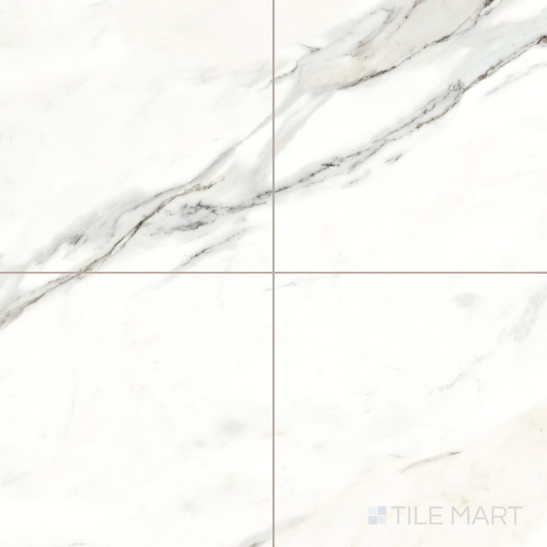 Refined and luxurious, this 35x35 polished porcelain tile showcases the dramatic veining of Calacatta Superwhite marble.