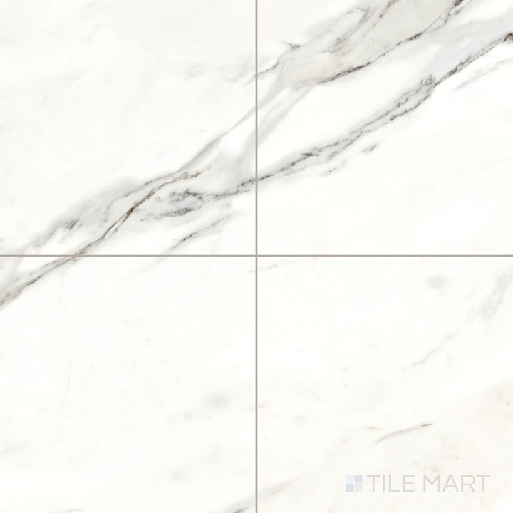 Refined and luxurious, this 35x35 polished porcelain tile showcases the dramatic veining of Calacatta Superwhite marble.