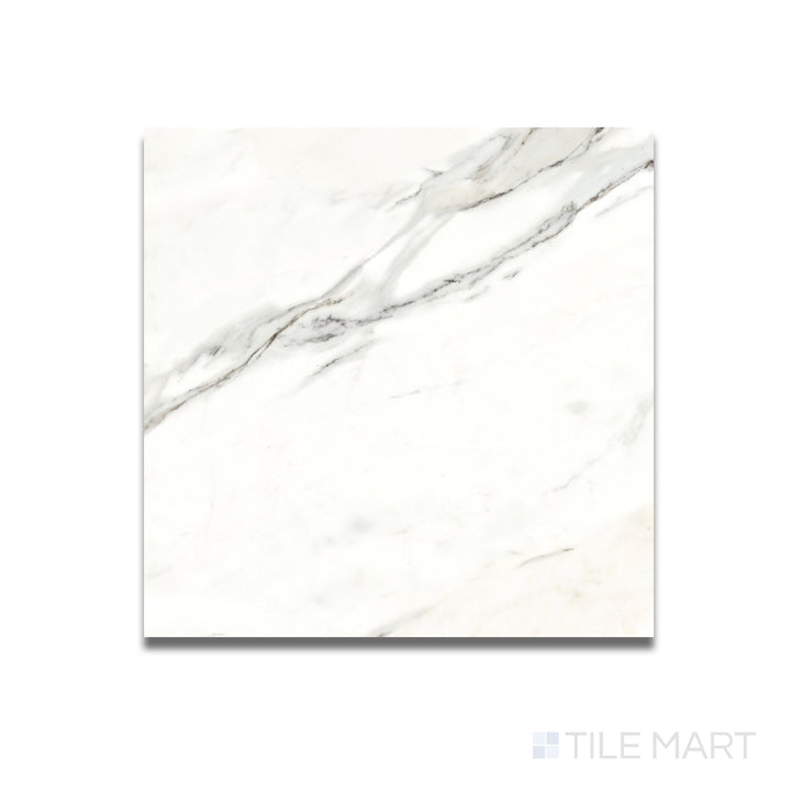 Overhead image of Calacatta Lux Superwhite 35x35 polished tile highlighting bold marble patterns across a large, reflective surface.