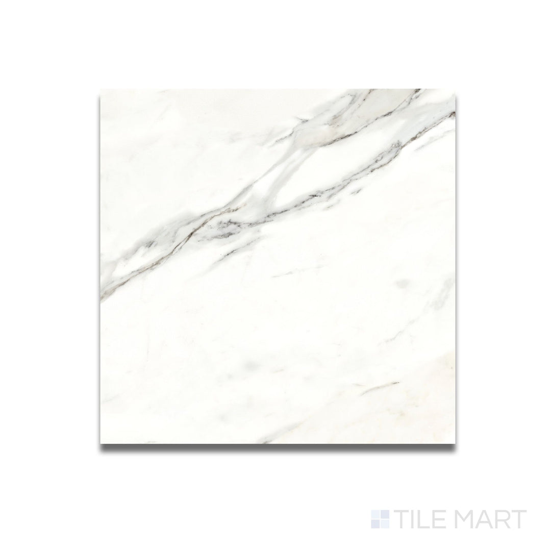 Overhead image of Calacatta Lux Superwhite 35x35 polished tile highlighting bold marble patterns across a large, reflective surface.
