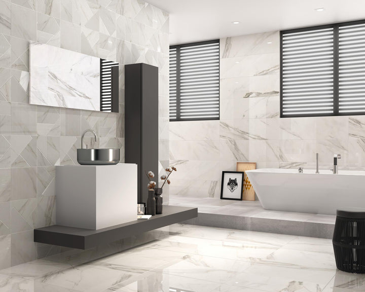 Roomscene with Calacatta Lux Superwhite 24x48 porcelain tile, offering a high-end marble look in a contemporary setting.