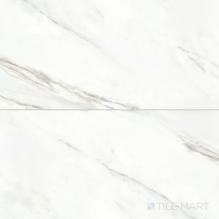 Large-format 24x48 porcelain tile with a polished finish, featuring striking Calacatta Superwhite marble visuals.