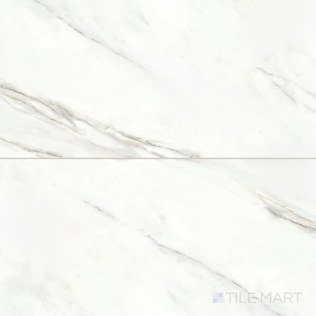 Large-format 24x48 porcelain tile with a polished finish, featuring striking Calacatta Superwhite marble visuals.