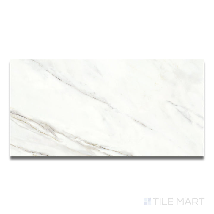 Aerial view of Calacatta Lux Superwhite 24x48 tile showing expansive polished surface with elegant gray veining on a white background.