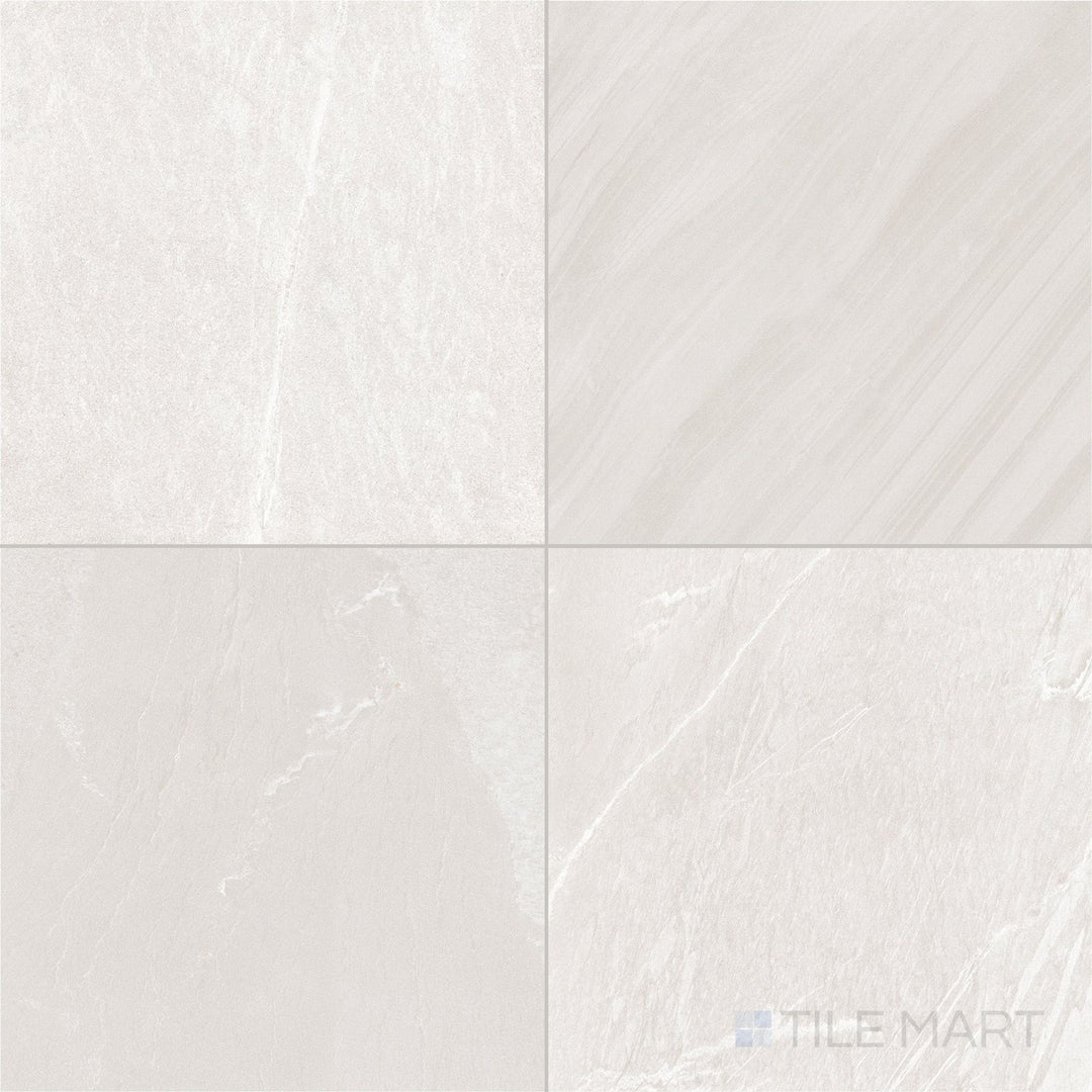 Ivory veining and a high-polish surface add classic elegance to this 35x35 Pietrasanta porcelain tile.