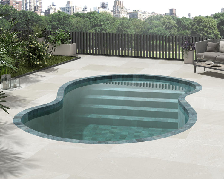 Modern room with Pietrasanta Ivory 35x35 anti-slip tile, showcasing its soft matte finish and natural stone-like texture.