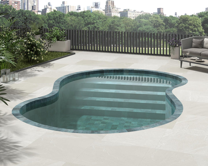 Modern room with Pietrasanta Ivory 35x35 anti-slip tile, showcasing its soft matte finish and natural stone-like texture.