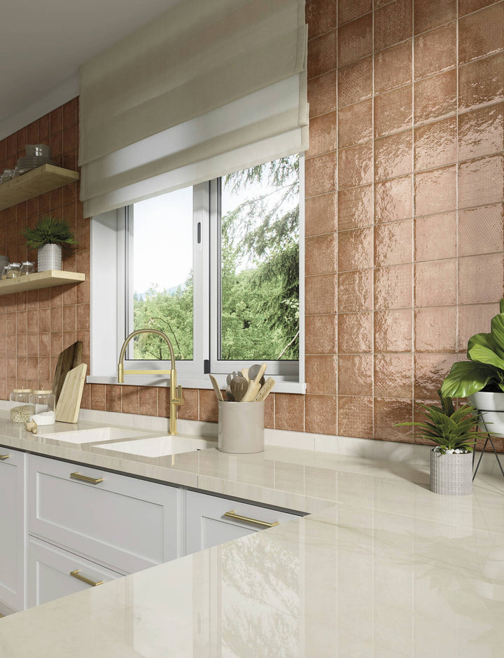 A contemporary decor, featuring EARTH INTERMIX tile with a glossy texture, enhancing the overall ambiance.