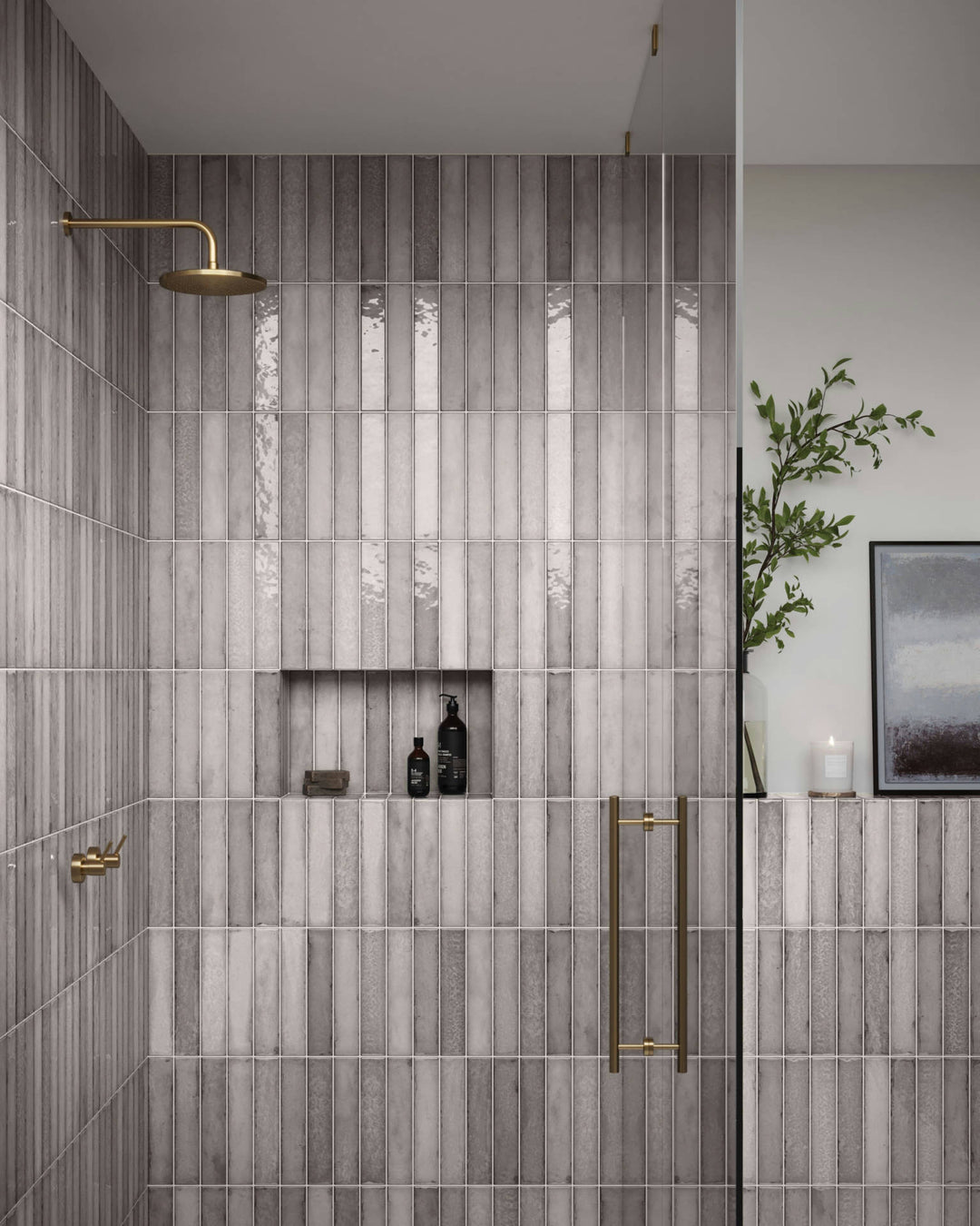 A contemporary decor, featuring ASHEN ORGANIC CLAY tile with a glossy texture, enhancing the overall ambiance.