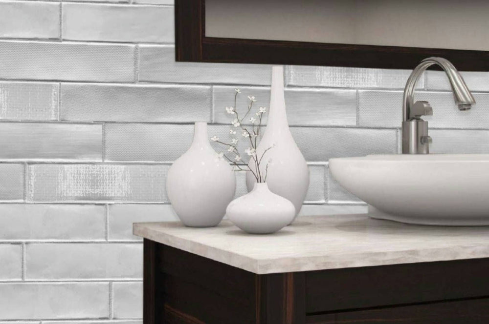 A lifestyle setting, featuring WHITE ZEN tile with a glossy texture, offering a clean and contemporary feel.
