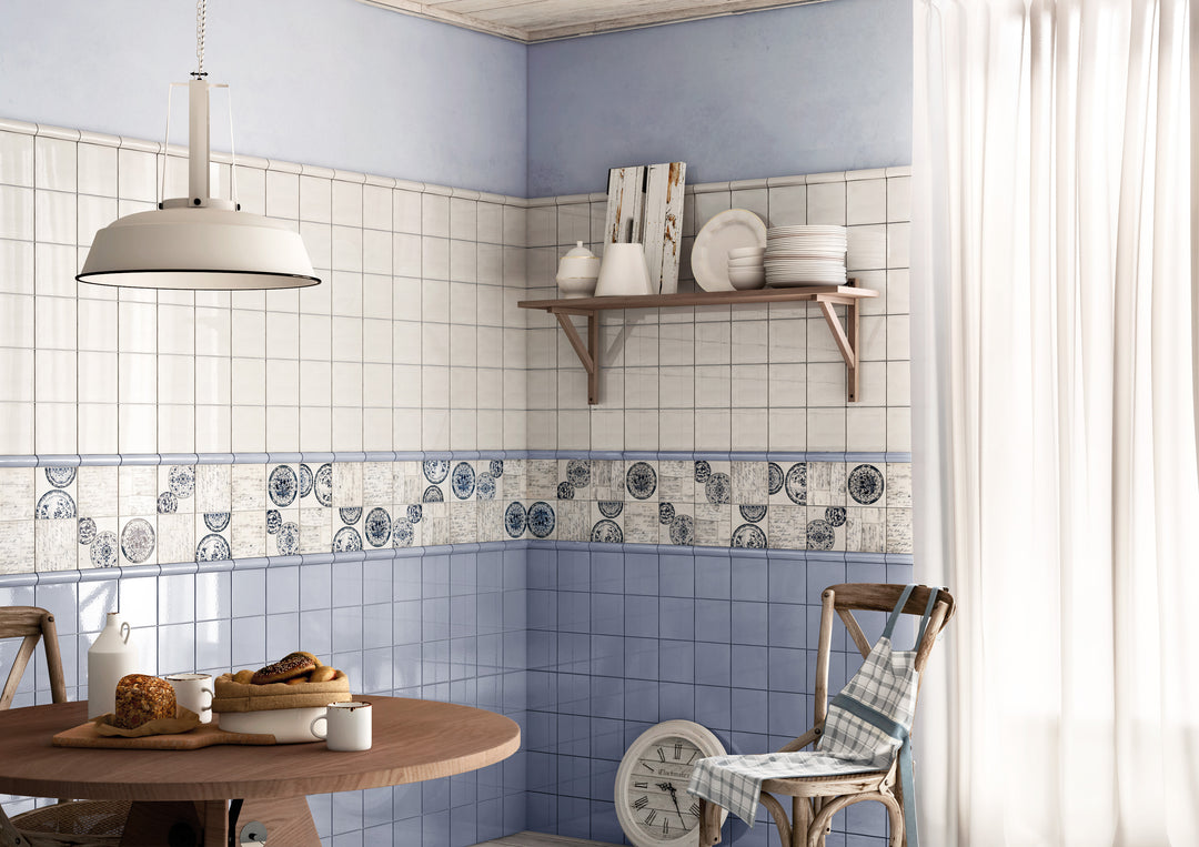 A room scene, featuring vintage white vintage tile with a glossy texture, enhancing the overall ambiance.