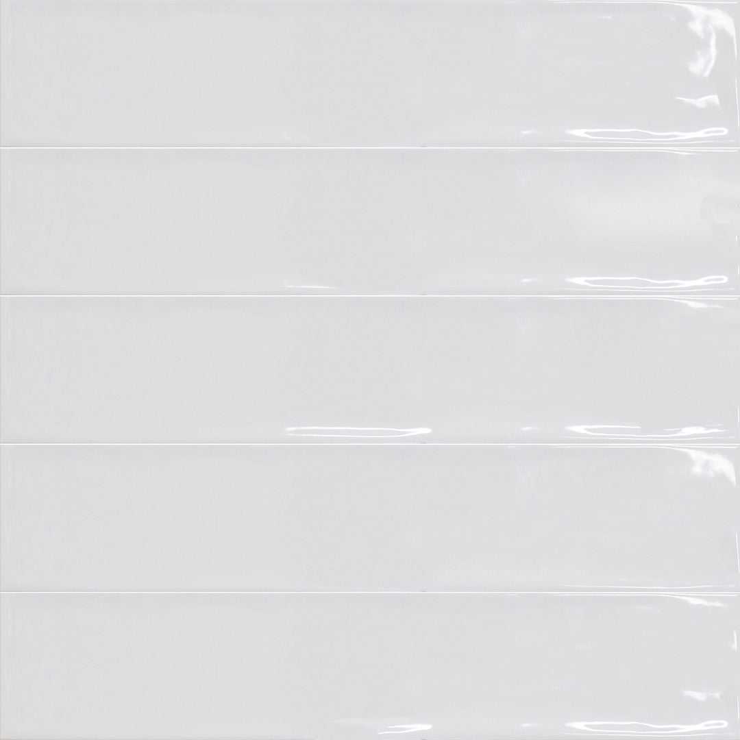 Bird's eye view showcasing the blanco maui tile, sized 4.3x21, with a smooth glaze that enhances its soft undertone.