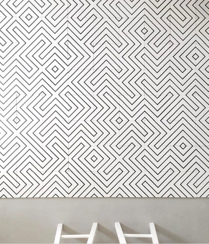 Add a bold contrast with Studio White with Black 8X8 matte porcelain tile, a striking choice for modern designs.