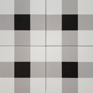Aerial shot showcasing the plaid white & black studio tile, sized 8x8, with a matte surface that enhances its rich pigment.