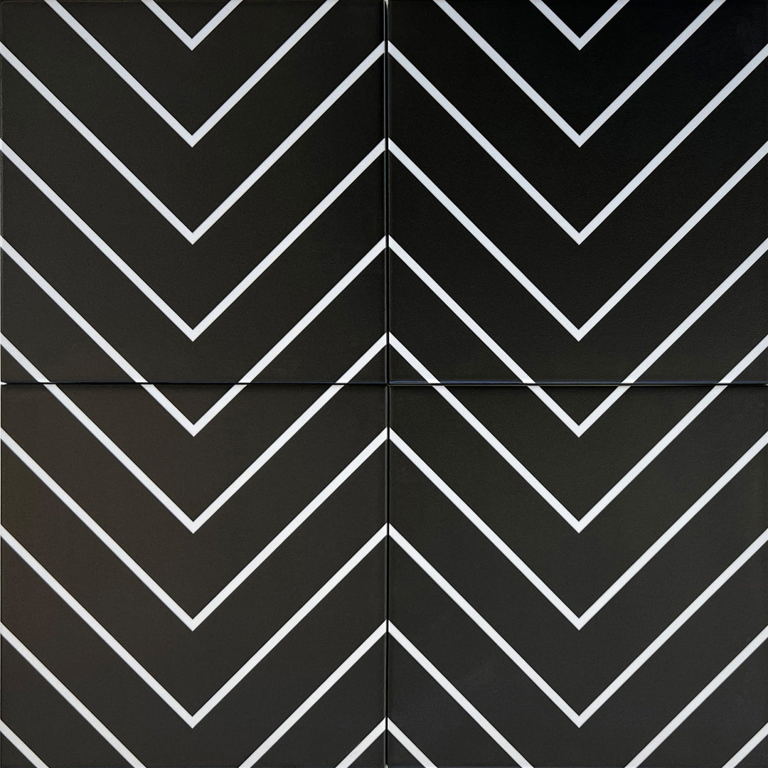 Aerial shot showcasing the black with white studio tile, sized 8x8, with a glossy finish that enhances its soft undertone.