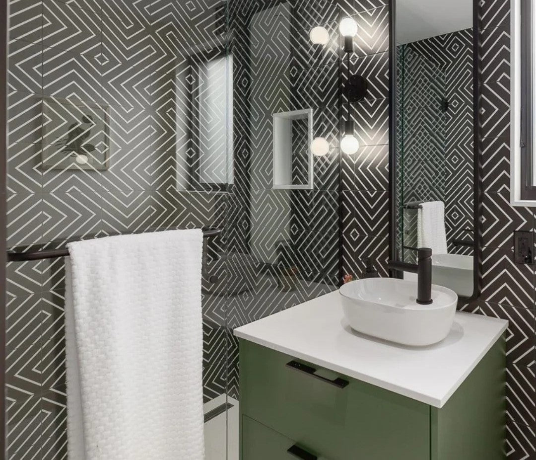 Studio Black with White 8X8 matte porcelain tile delivers dramatic contrast, ideal for chic, monochrome interiors.